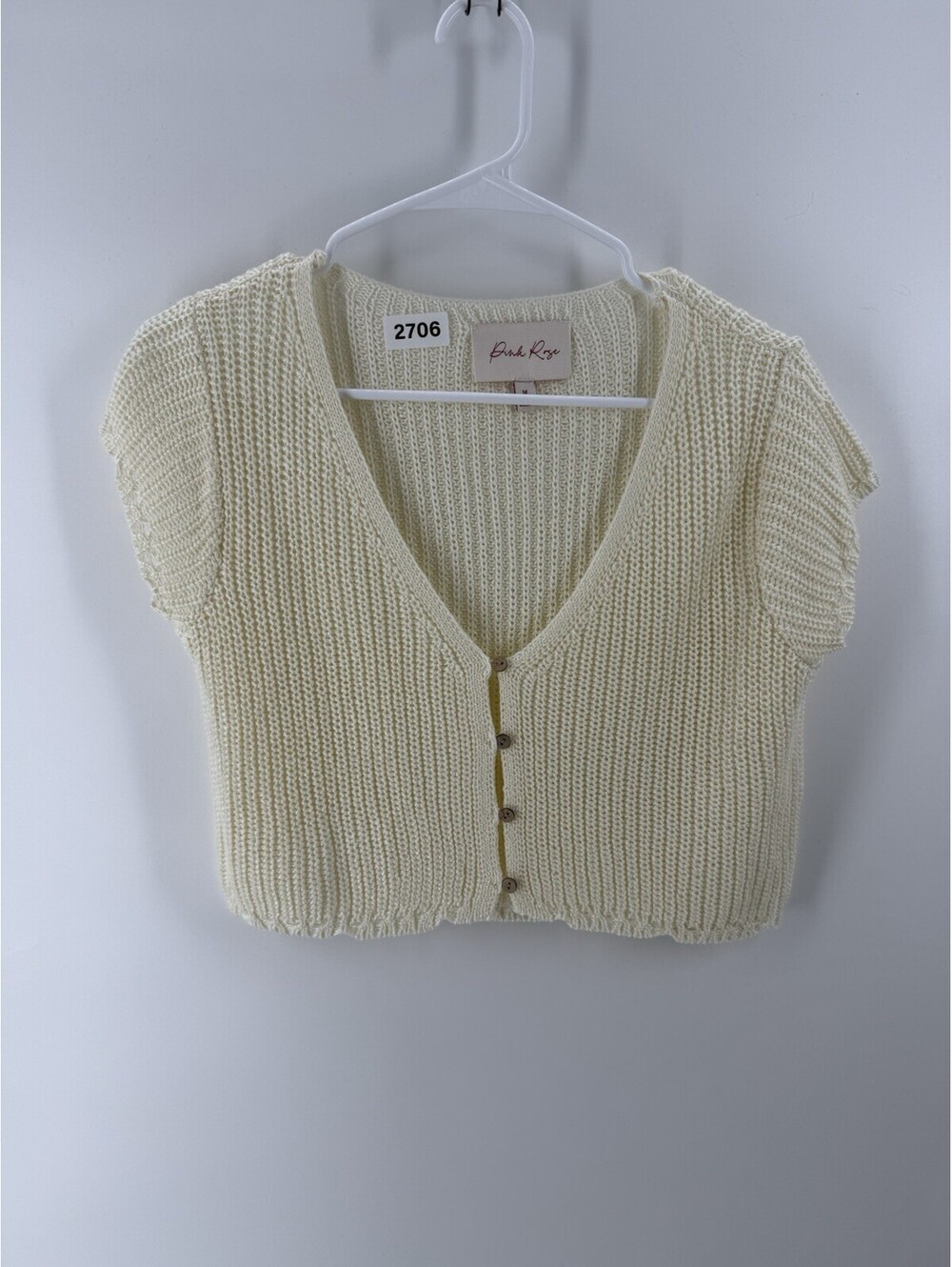 Pink Rose Womens Medium M Cream Knit Short Sleeve Crop Cardigan Y2K Aesthetic